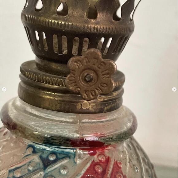 Vintage Glass Oil Lamp Mini Red Blue Swirl Bottom Clear Scalloped Top Hong Kong - Picture 2 of 4